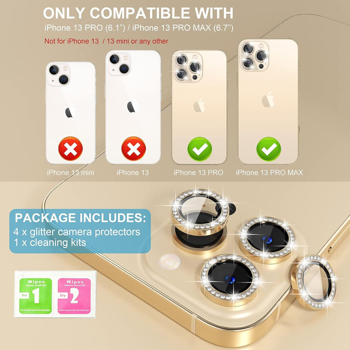 Choiche [3+1 for iPhone 13 Pro/iPhone 13 Pro Max Camera Lens Protector Bling, 9H Tempered Glass Camera Cover Screen Protector Metal Ring Decoration Accessories (Diamond-Gold)