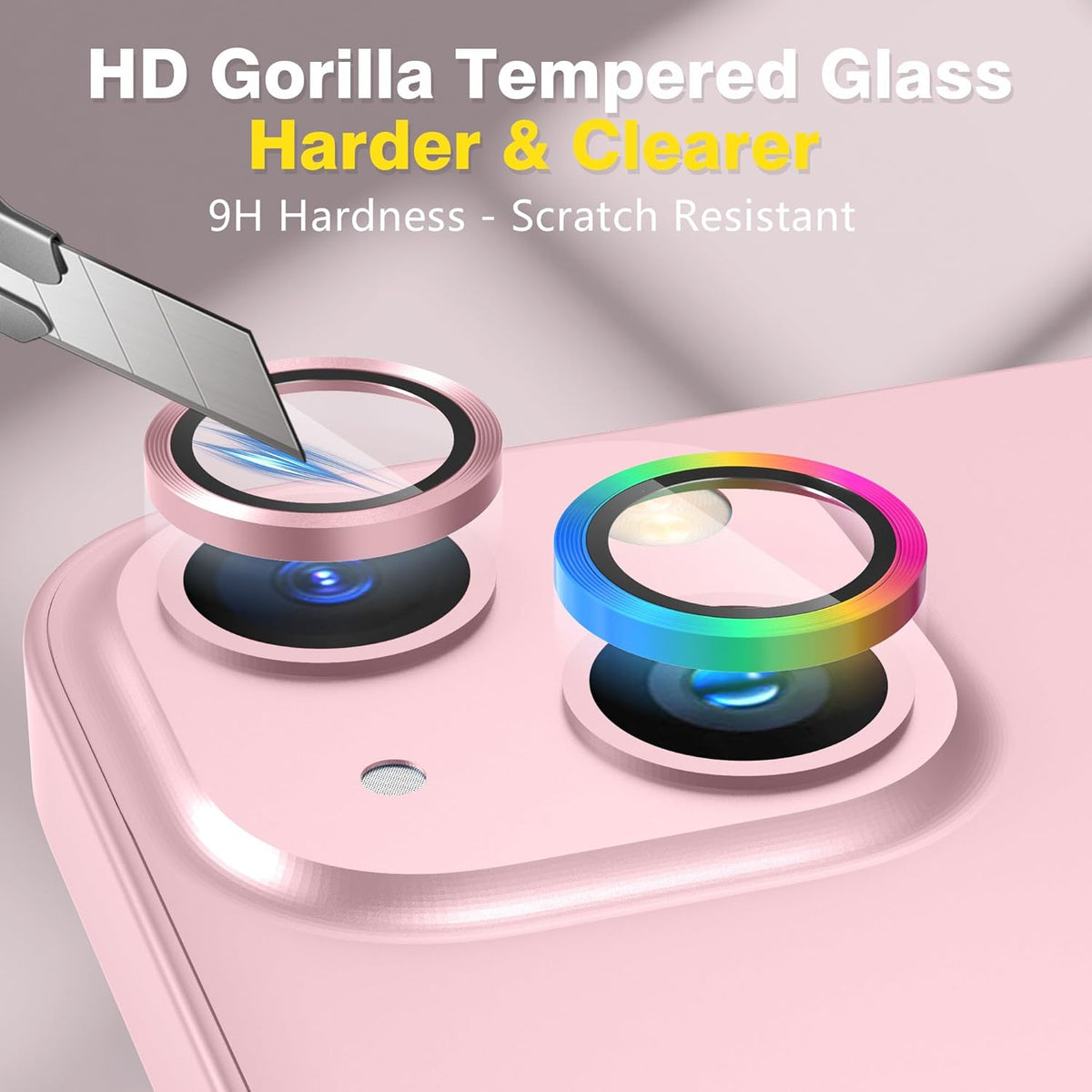 AGVEE 3+3 6 Pack for iPhone 15 6.1" / 15 Plus 6.7" Camera Lens Cover Protector, Metal Ring 9H Tempered HD Glass Camera Cover Protector Film, Pink
