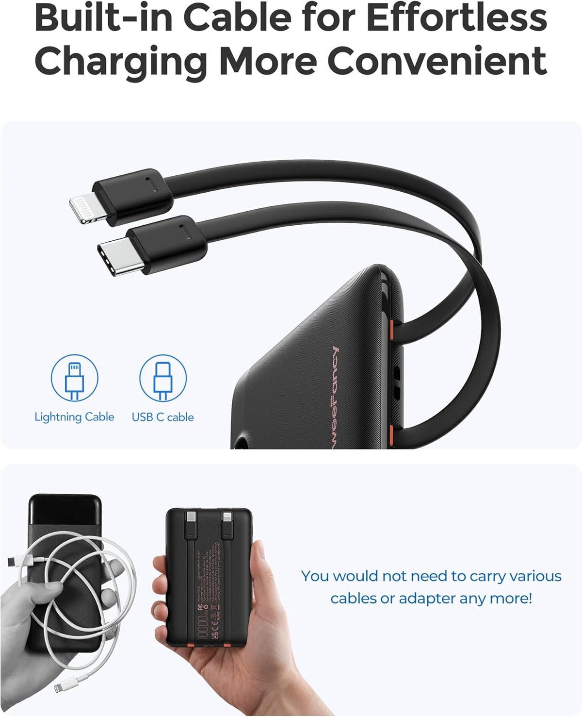 Mini Portable Charger with Built-in Cables 22.5W Fast Charging Power Bank USB-C Small Battery Pack 10000mAh Travel Essential Slim Battery for iPhone 16/15/14, Samsung 25/24, and More
