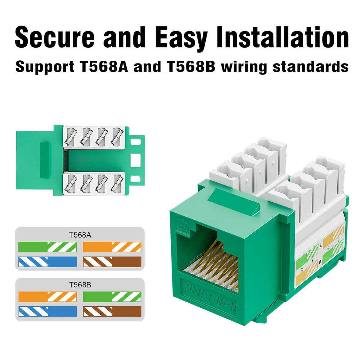 iwillink 10Gbps Cat6 Keystone Jack 10-Pack, RJ45 Keystone Jack, 90-Degree Ethernet Keystone Coupler, Punch Down Keystone Jack Adapter (Green)