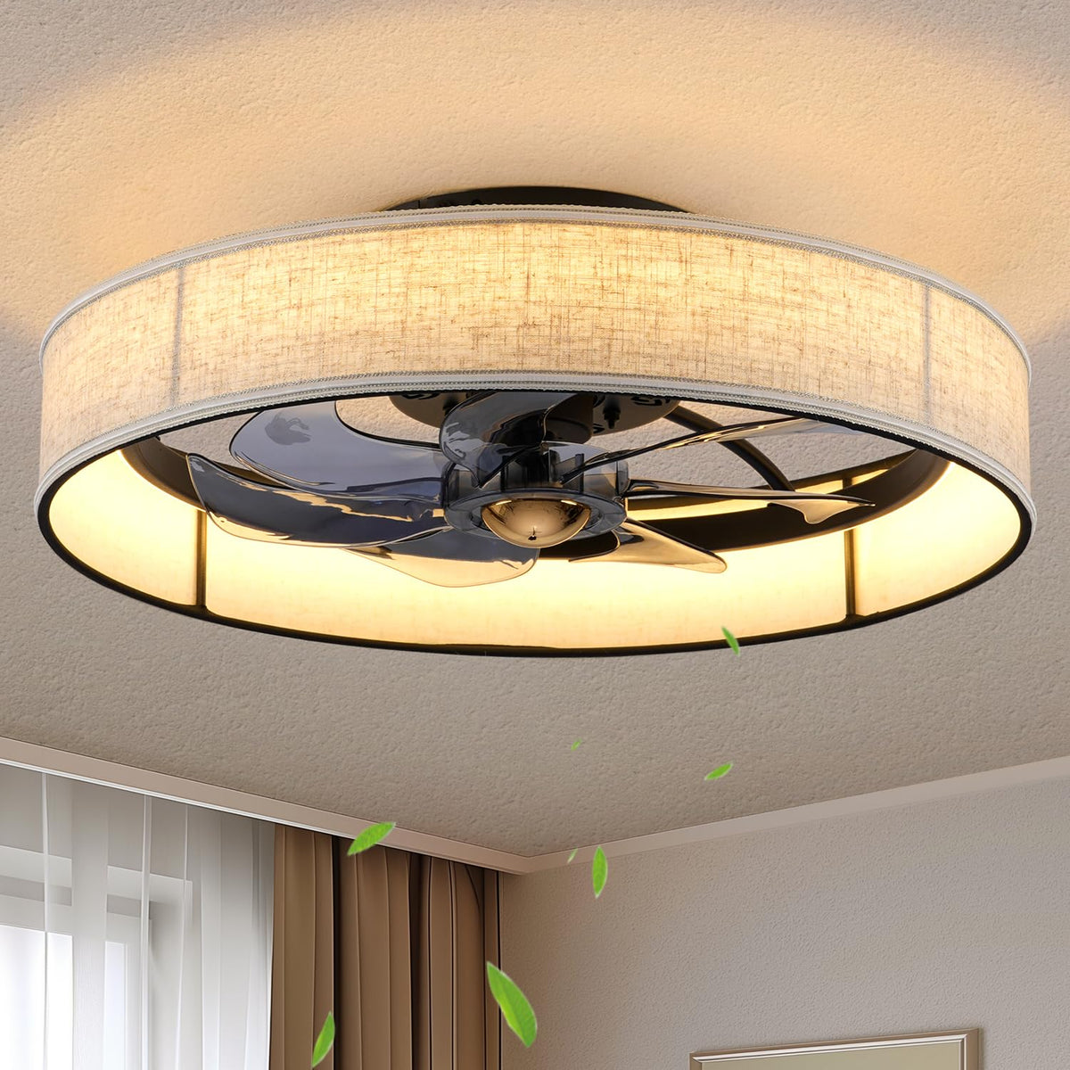 HUEOCZW 19.6 Flush Mount Caged Ceiling Fan with Light and Remote,Boho Farmhouse Bladeless Fabric Design, Dimmable LED 3 Colors,6