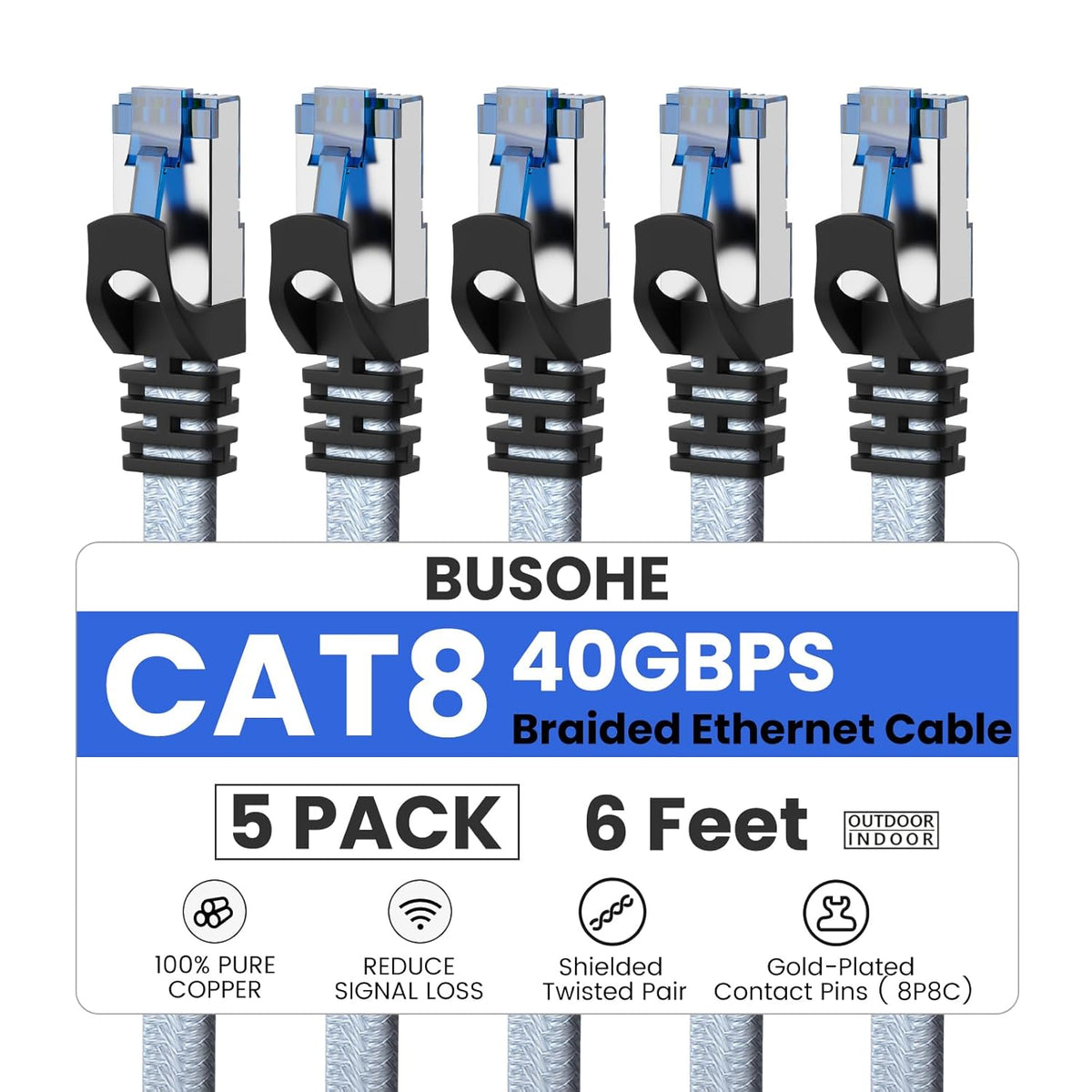 8 6 5 Pack, 40Gbps 2000Mhz RJ45 BUSOHE Cat Ethernet Cable FT Nylon Braided High Speed Heavy Duty Network LAN Patch