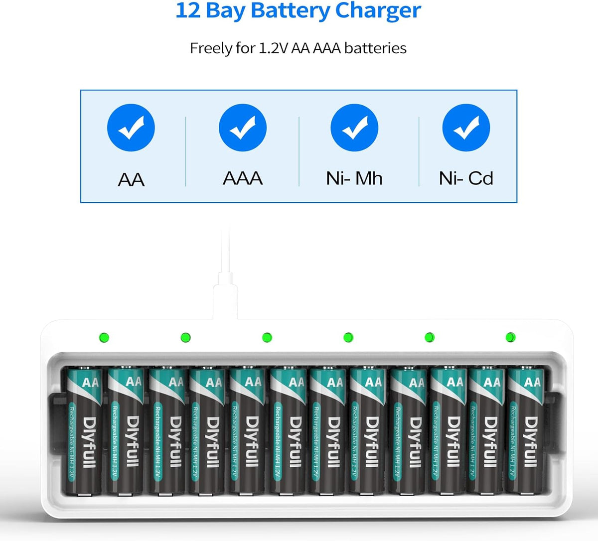 DLYFULL 12 Bay AA AAA Battery Charger, USB and Type-C Selectable High-Speeding Charging for Ni-MH Ni-CD Rechargeable