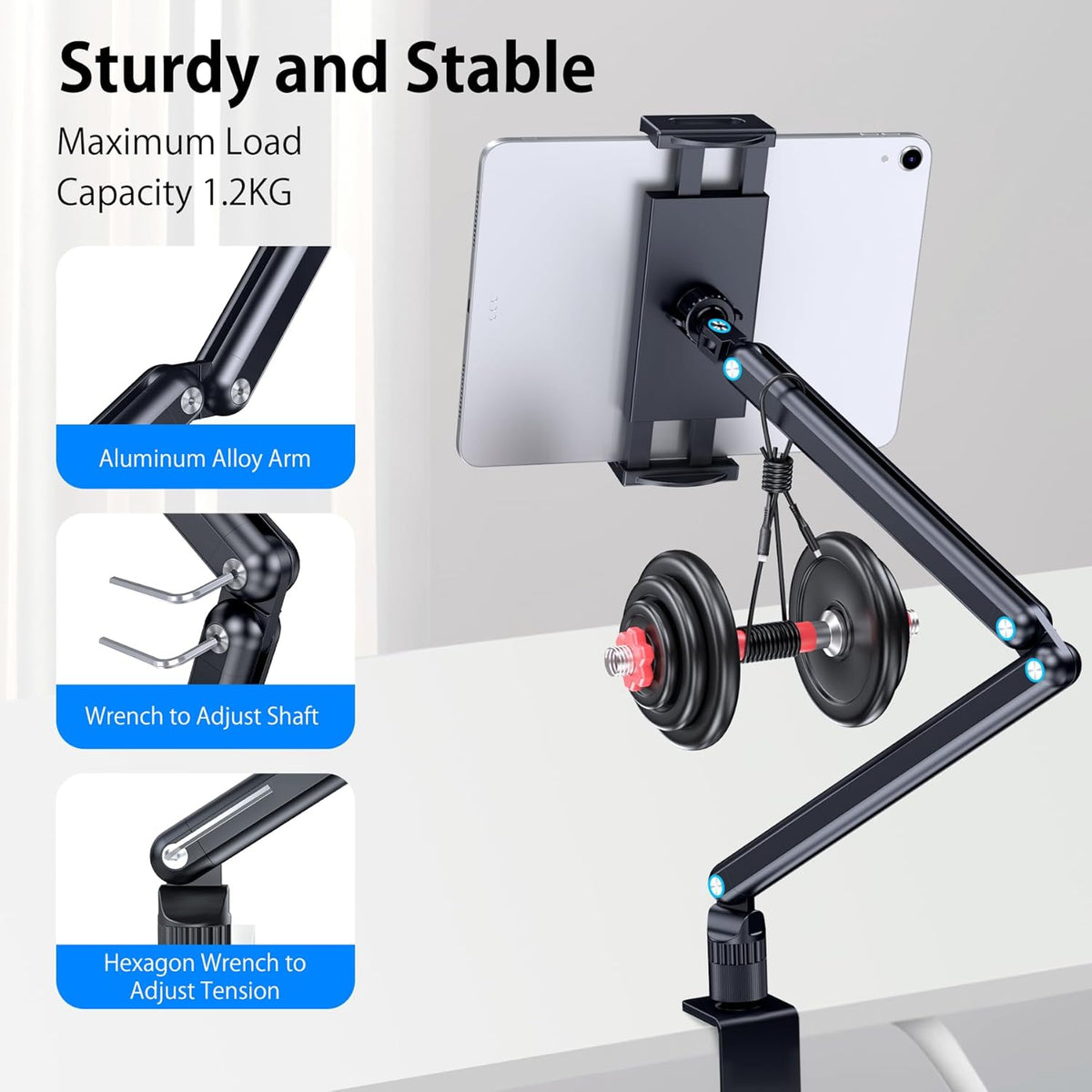 Tablet Stand Holder, Aluminum iPad Desk Mount Bracket, Tablet Arm Mount Holder with 360°Rotating Metal Base, Fits for iPad Air Pro Mini, Phones, Samsung Galaxy, Kindle, All 4.7-13 Inch Devices