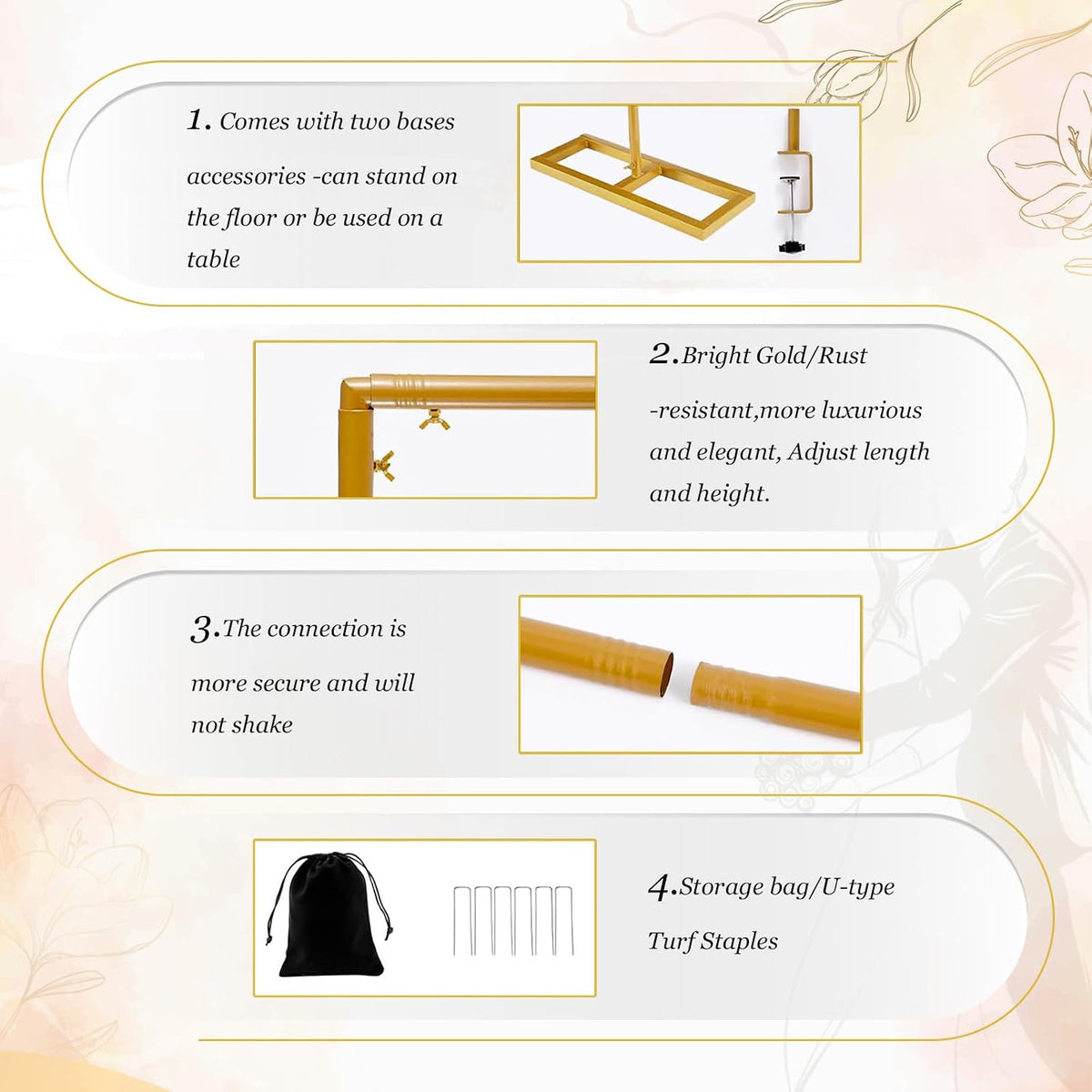 8.2FT 2 Square Backdrop Stand Heavy Duty, Gold Metal Wedding Arch Frame Adjustable, Change Over The Table Rod Stand