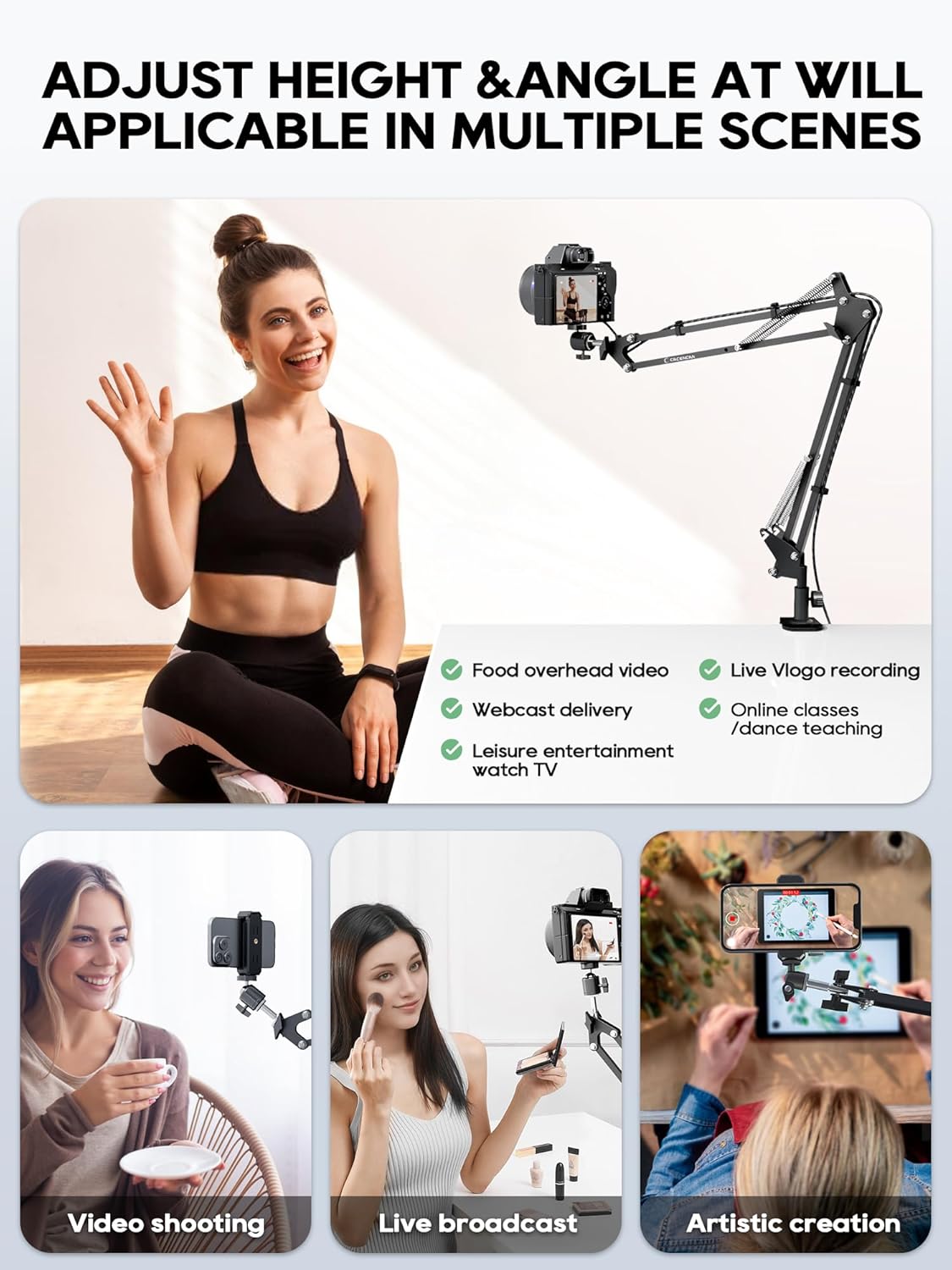 Overhead Camera Mount, 5lb Horizontal Load-Bearing, 360° Adjustable Stand for Desk, Flexible Arm Desk Mount, with Phone Clamp, Tabletop Mount for DSLR Camera/Webcam/Microphone（White