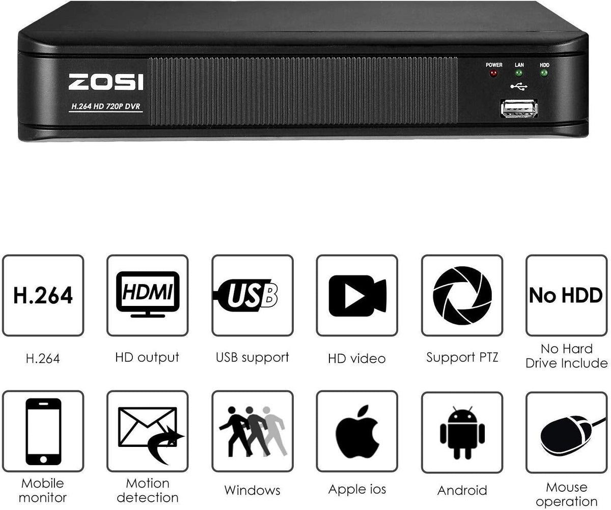 ZOSI 720p 8 Channel Security DVR System HD-TVI 1080P Lite Video, QR Code Scan Remote Access, Hybrid Capability 4-in-1(Analog/AHD/TVI/CVI) DVR Recorder