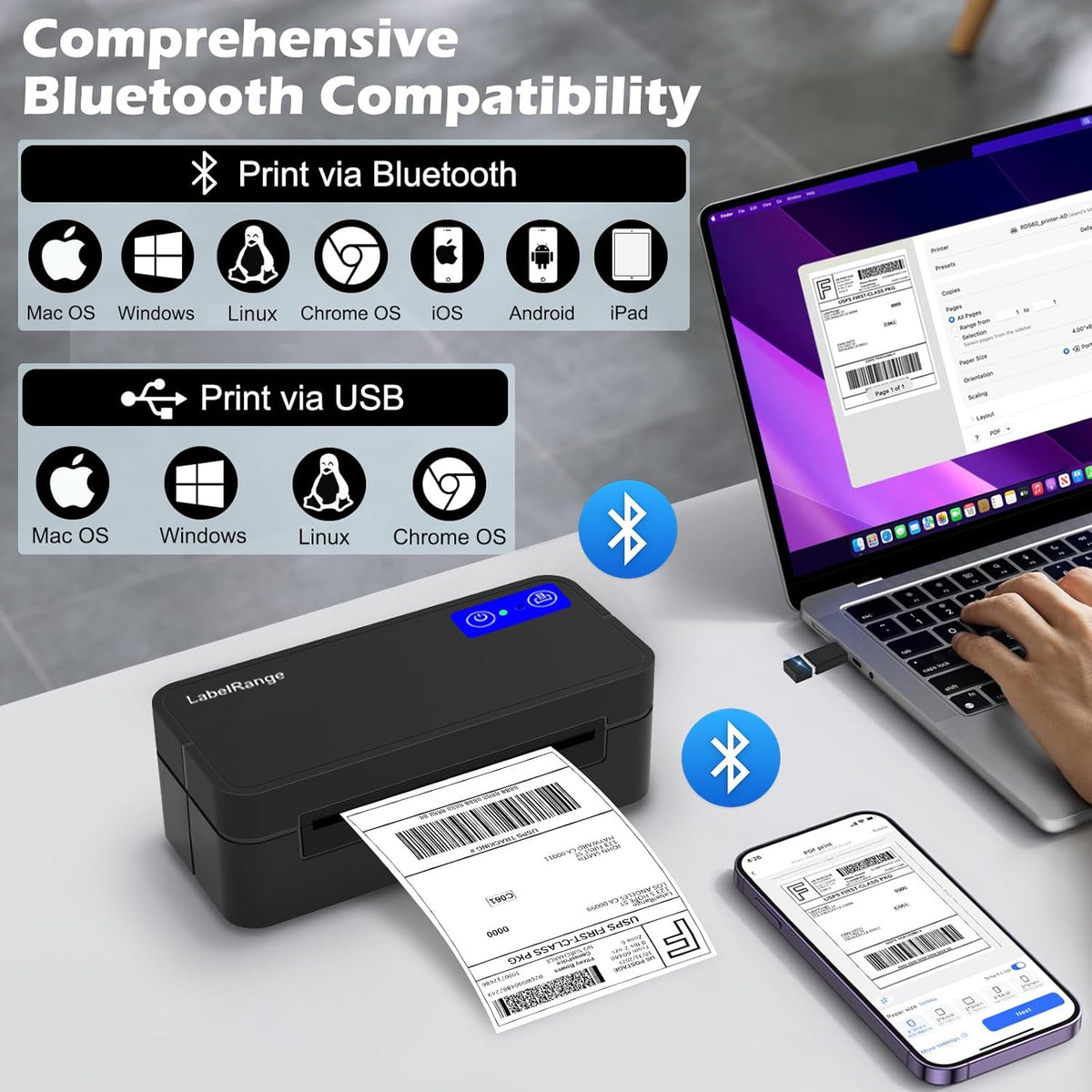 Bluetooth Thermal Label Printer for Mac, Windows, Phone, Tablet, Wireless 4x6 Shipping Label Printer for Shipping Packages, Support USPS, Ebay, Amazon, Pirate Ship