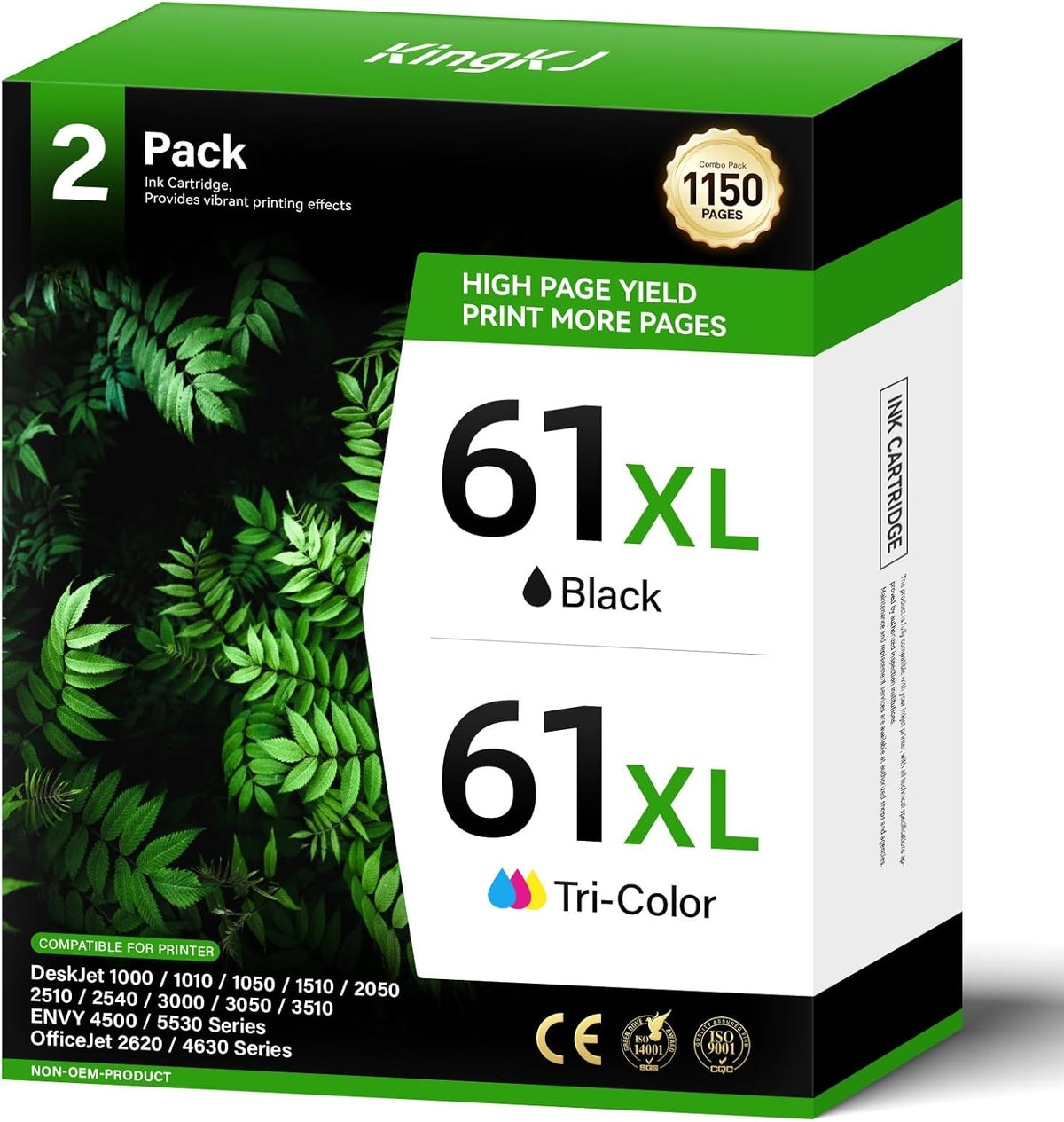 61XL Ink Cartridge High-Yield Combo Pack Replacement for HP 61XL 61 Ink DeskJet 1000 1010 1050 1510 1512 2050 2510 2540 3000 3050 3510 Envy 4500 5530 4502 OfficeJet 2620 4630 4635 Printer Black Color