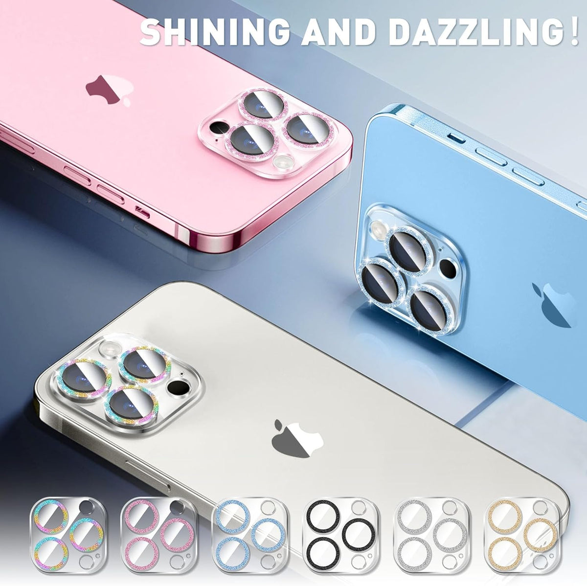 LucBuy 3PCS Sparkling Camera Lens Protector for iPhone 16 Pro/iPhone 16 Pro Max, Full Clear Acrylic Cover with Shiny Colorful Glitter Designed Decoration Back Camera Protector