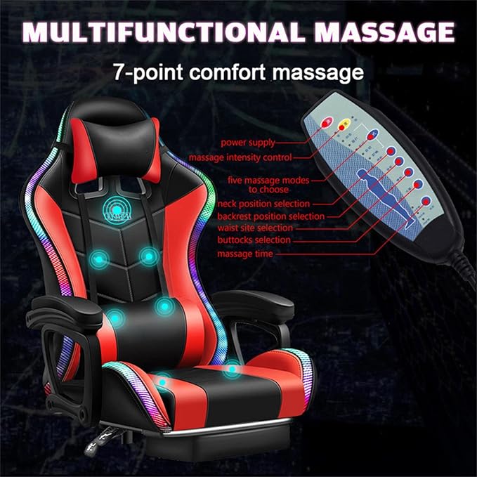 Gaming Chair with Speakers LED Video Game Chair with Footrest Ergonomic Game Chair with Full Massage Lumbar Support Backrest Adjustable Reclining Gamer Chairs for AdultsPink