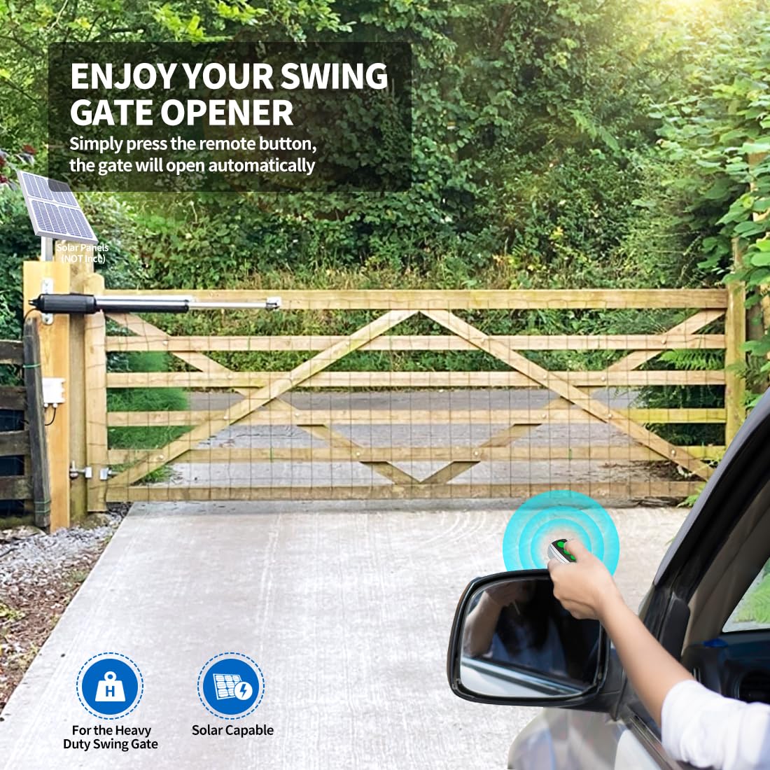 TOPENS A8 Automatic Gate Opener for Heavy Duty Single Swing Gates Up to 18ft, Single Swing Gate Operator Battery Powered with Remote Control Kit Gate