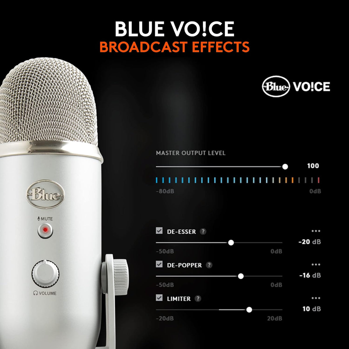 Blue Microphones Yeti Silver USB Mic for Recording, Streaming & Gaming on PC and Mac with Blue Voce Effects 4 Pickup Patterns, Headphone Output, Volume Control, Mic Gain Control, & Adjustable Stand