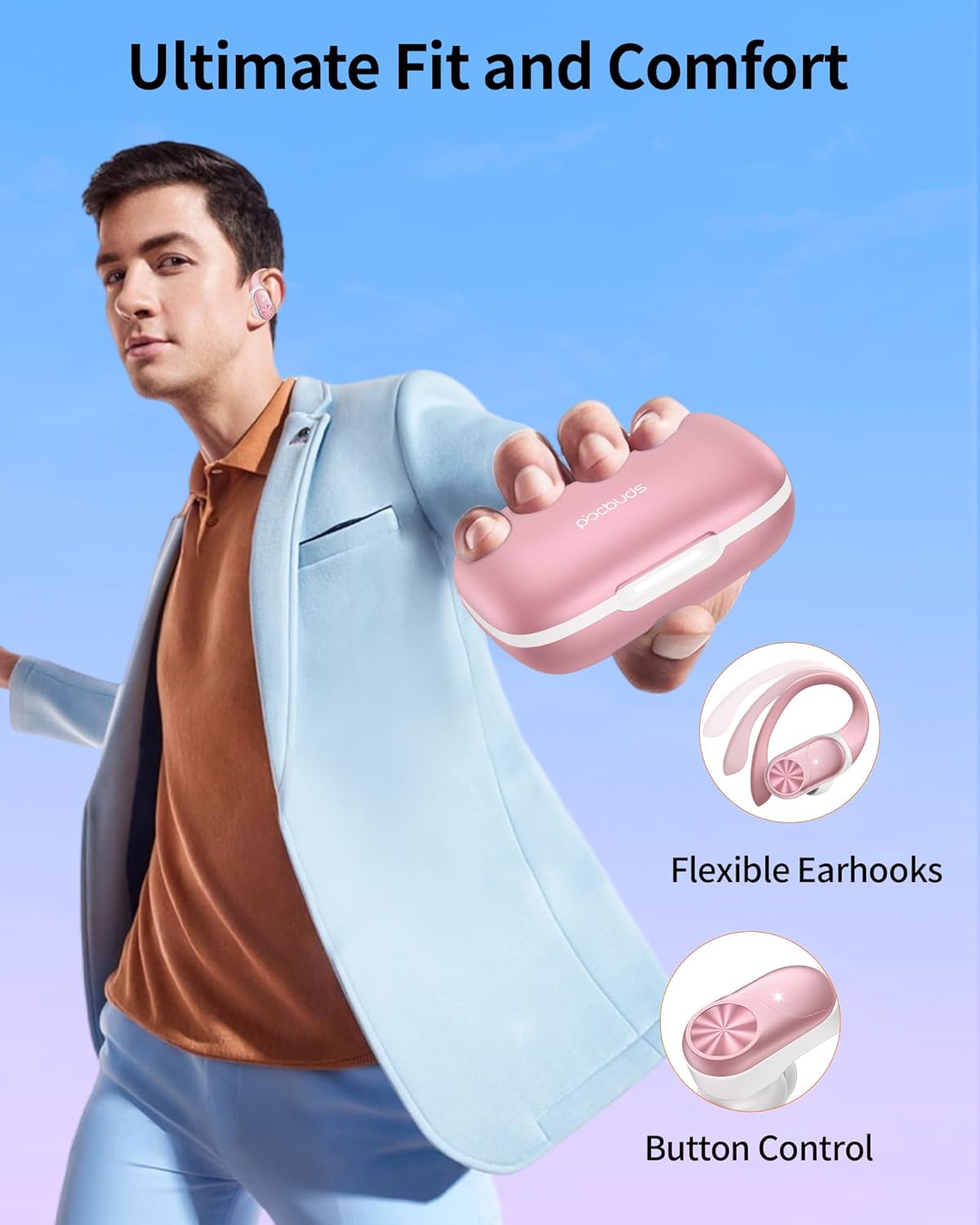 PocBuds Bluetooth Headphones Wireless Earbuds 80hrs Playtime Wireless Charging Case Digital Display Sport Ear Buds with Earhook Deep Bass IPX7 Waterproof Over-Ear Earphones for Phone Laptop Rose Gold
