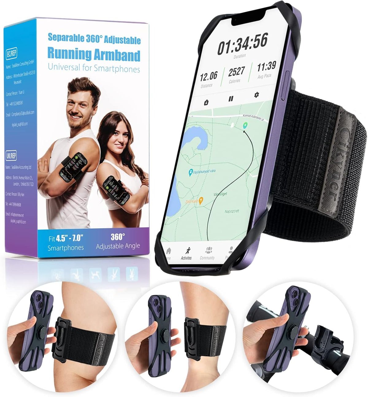 Cikyner Running Armband, Upgraded 3 in 1 Running Phone Holder Sports Armband Bicycle Phone Holder 360° Rotatable & Detachable Running Phone Armband for 4.5-7'' iPhone for Gym Running Hiking
