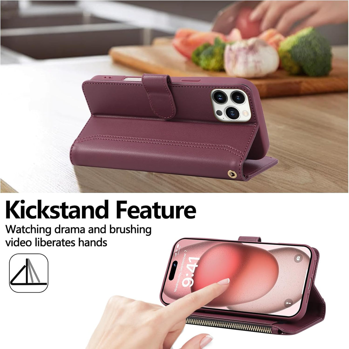 Compatible with iPhone 16 Pro Max Wallet Phone Case-PU Leather Magnetic Flip Cover with Credit Card Slots,Zipper Pocket & Detachable Wrist Strap,Shockproof Design,for Women and Men-Claret