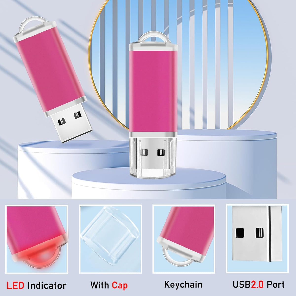 Thumb Drives 2GB USB Flash Drive 1 Pack Zip Drive USB 2.0 Jump Drive Memory Stick Pendrrive with Lanyards (Pink)