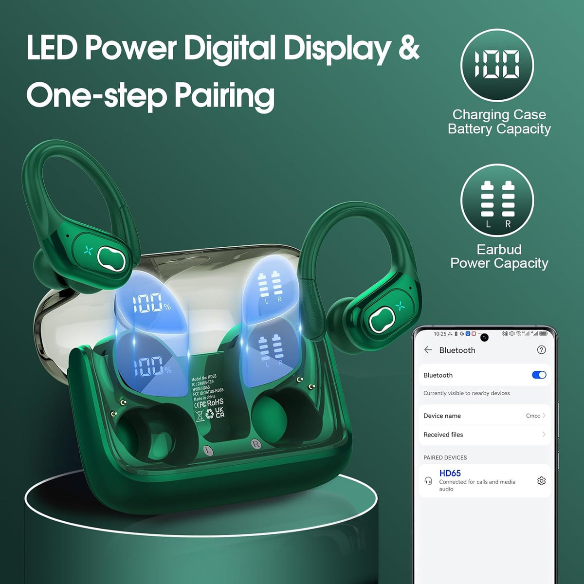 Wireless Earbuds 75hrs Bluetooth 5.4 Headphone Sport, 2025 Bluetooth Earbuds Stereo Deep Bass Over Ear Bud with Earhooks, ENC Noise Cancelling Mic, IPX7 Waterproof Earphone, Dark Green