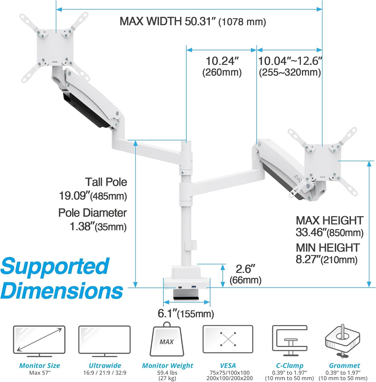 AVLT Dual 57 Inch Heavy Duty Stacking Monitor Arm Pole Top Mount With USB-C USB-A Ports-White, Height Adjustable, Easy Install Top C-Clamp/Grommet With Reinforcement Plates, VESA Compatible 200/100/75