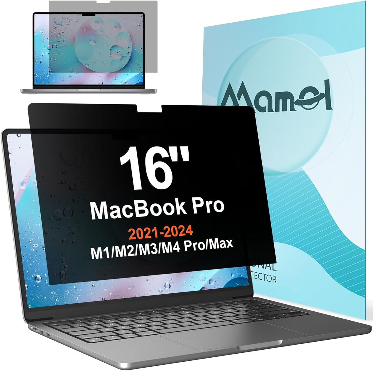 Privacy Screen for MacBook Pro 16 Inch (2021-2024, M1, M2, M3, M4, Pro, Max), Matte Anti Glare Blue Light Filter, Nano No Glue Anti Spy Black Protector for Mac Pro 16In Laptop