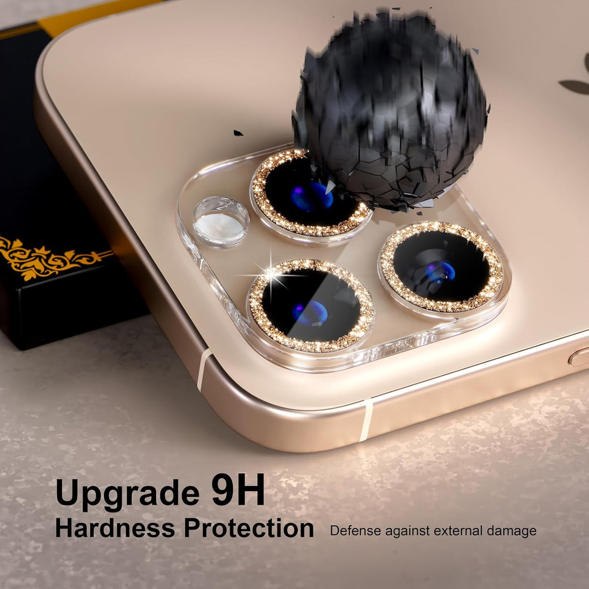 beuxece for 6 Pack iPhone 16 Pro/iPhone 16 Pro Max Camera Lens Protector [Drop Protection] [Case Friendly] [Easy Installation] 9H Tempered Glass Camera Screen Protector Cover, Glitter Gold