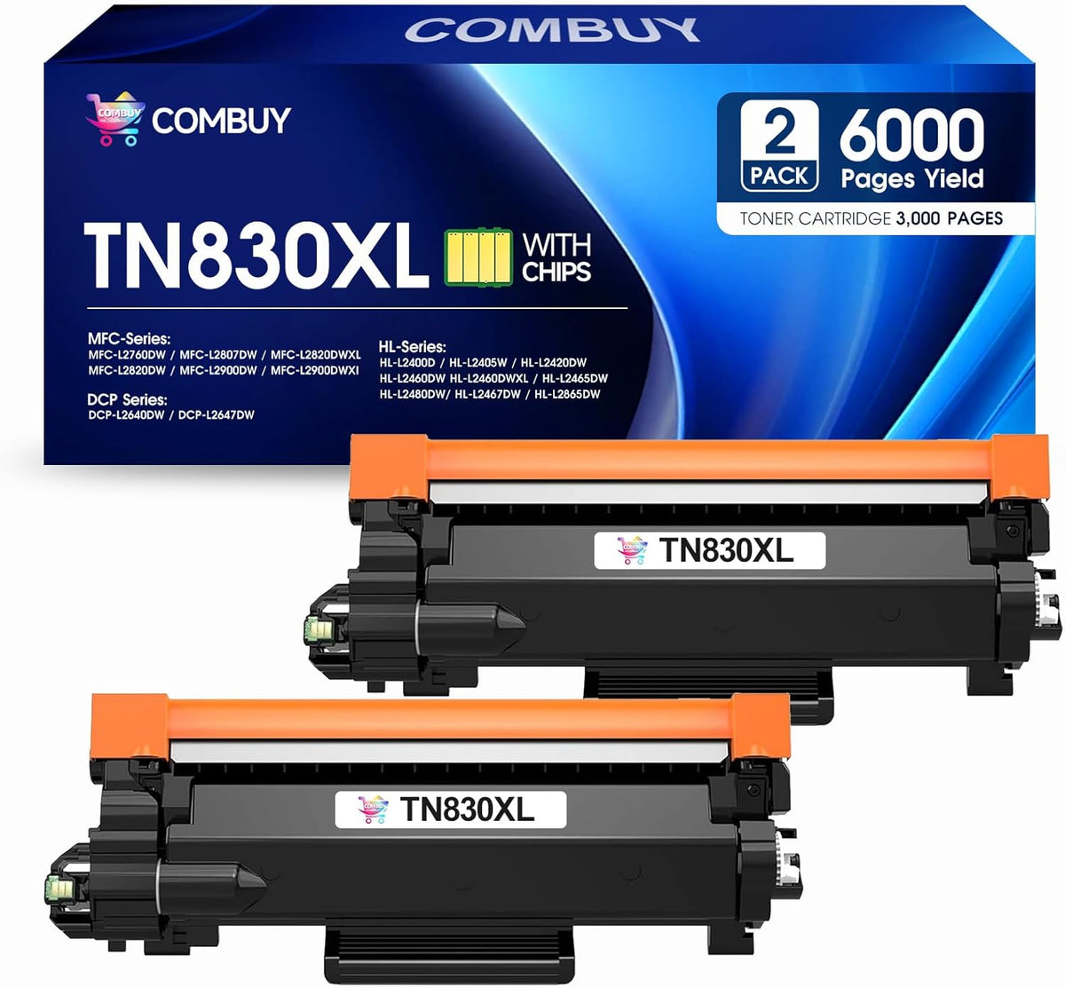 TN830XL Toner Cartridge Replacement for Brother TN830XL TN-830 TN830 TN 830 Toner Work with HL-L2460DW DCP-L2640DW HL-L2480DW HL-L2400D HL-L2405W MFC-L2820DW Printers (2 Black)