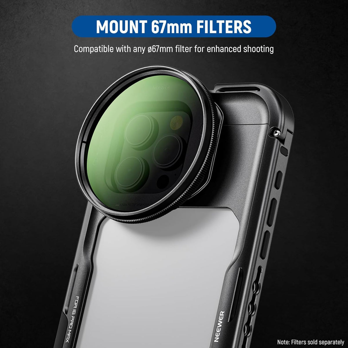NEEWER 16 Pro Max Cage with Two Quick Release Side Handles, Phone Video Rig Kit with 67mm Filter Adapter, 17mm Lens Mount, T Mount Lens Adapter Compatible with iPhone 16 Pro Max (PA074+PA045E+PA045B)
