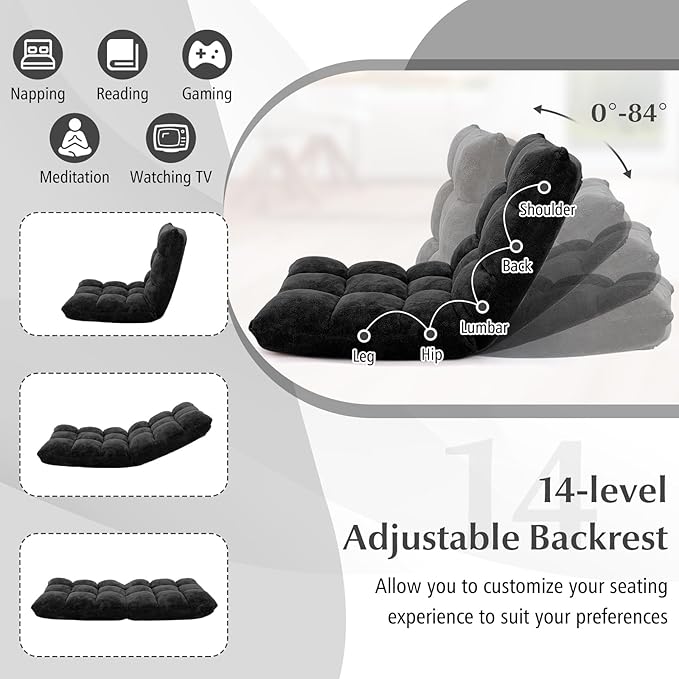 BestComfort Floor Chair with Back Support Floor Gaming Chairs w/ 14 Adjustable Position Padded Sleeper Bed Folding Floor Seating for Living Room Reading Watching TV Meditation for Adults &amp K