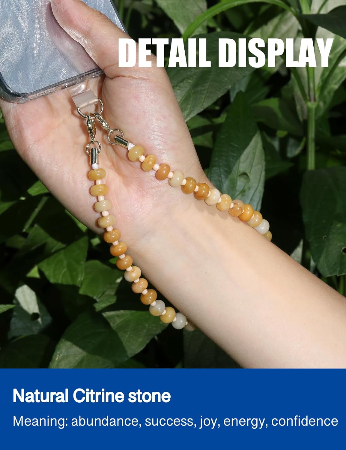 Handmade Natural Gemstone Beaded Charm Cell Phone Camera Lanyard, Wrist Strap, Phone Chain String, Keychain Decor for Wallet, Stanley Cup Accessories (Citrine)