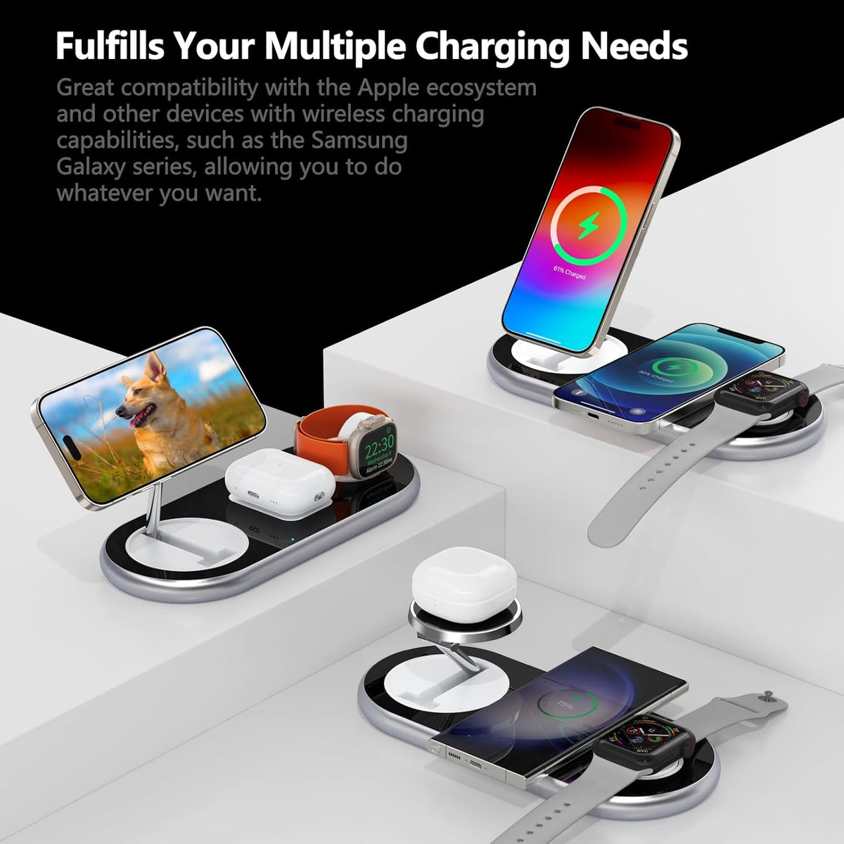 2025 Upgraded 3 in 1 Charging Station for Apple Devices, Fast Magnetic Mag-Safe Wireless Charger Stand for iPhone 16/15/14/13/12 Series & Apple Watch 1-10/Ultra & AirPods Pro (Silver)