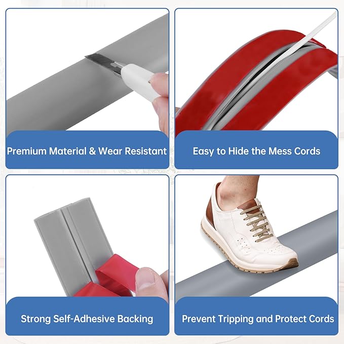 Floor Cord Cover Self Adhesive Cord Hider Floor Extension Cord Covers for Floor Power Cord Protector Cable Management Prevent Cable Trips Cable Cavity 0.51" W x 0.31" H (Grey, 20Ft)