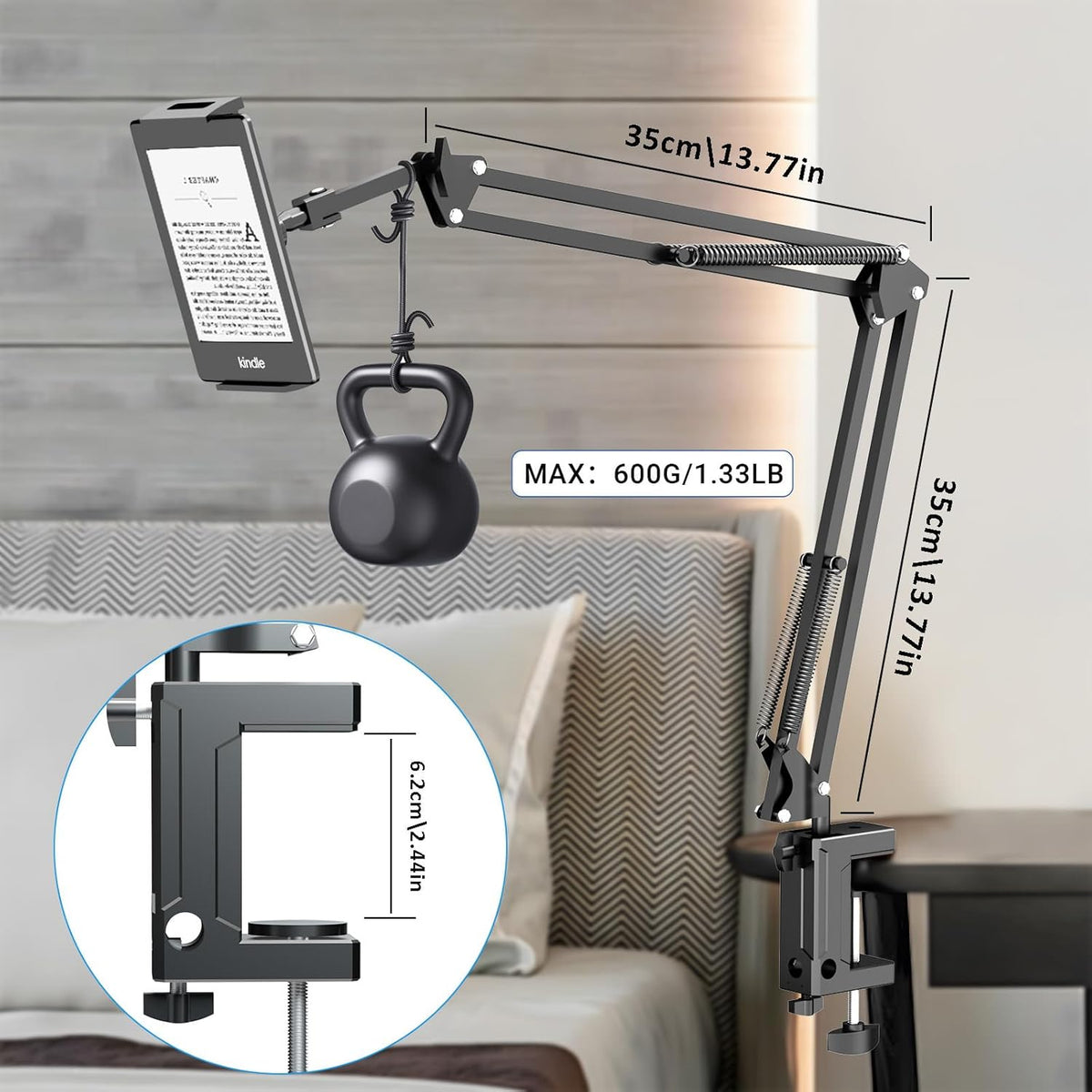 Metal Tablet Holder for Kindle Reading in Bed, Easy Adjust Hands Free Lazy Arm Mount for Kindle Accessories, Gifts for Readers