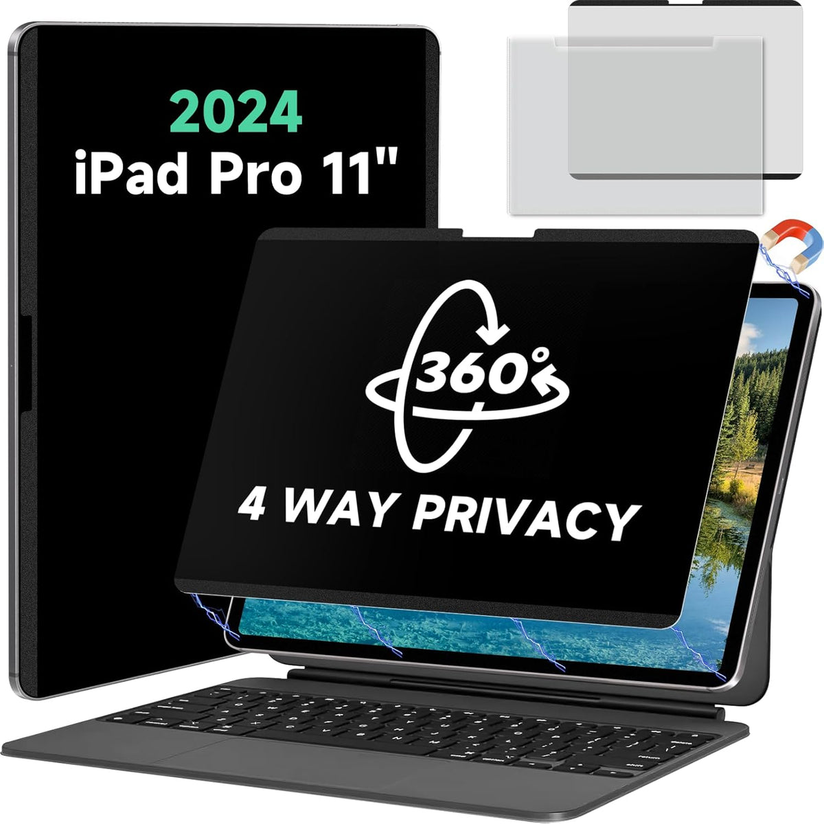 Magnetic 360° Privacy Screen Protector for iPad Pro 11 Inch 2024 M4 (5th Generation) Case Friendly Blue light Blocker Anti-glare Filter, Removable Film Support Apple Pencil-A2836 / A2837 / A3006