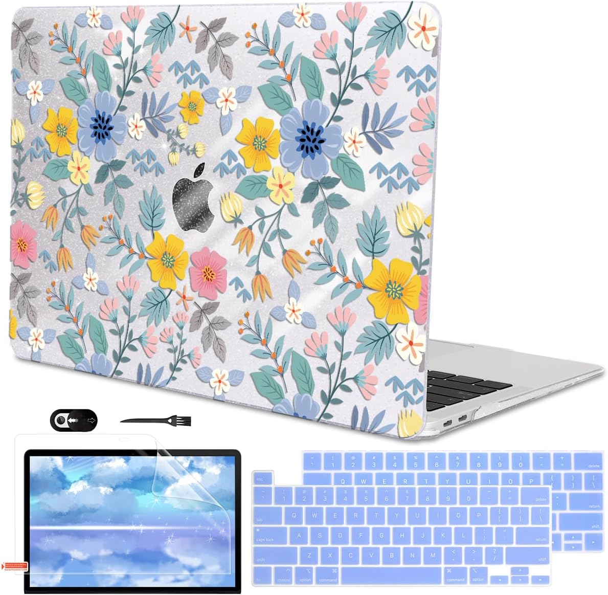 for MacBook Pro 13-inch Case 2022 2021 2020-2016 Release M2 M1 Chip A2338 A2251 A2289 A2159 A1989 A1706, Shiny Clear Pattern Plastic Hard Shell Case Keyboard Cover Screen Film, Flowers L213