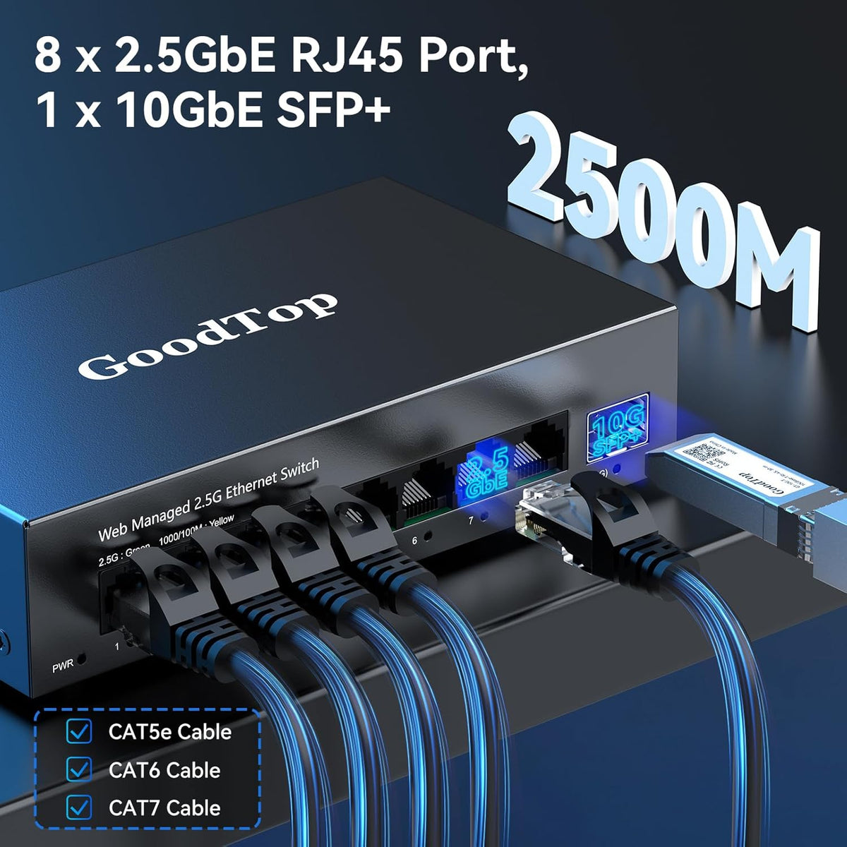 8 Port 2.5G Managed Ethernet Switch with 10G SFP, 8 x 2.5G Base-T Ports, Support LACP/VLAN/QOS/DHCP Client, Metal Web Managed Fanless Network Switch
