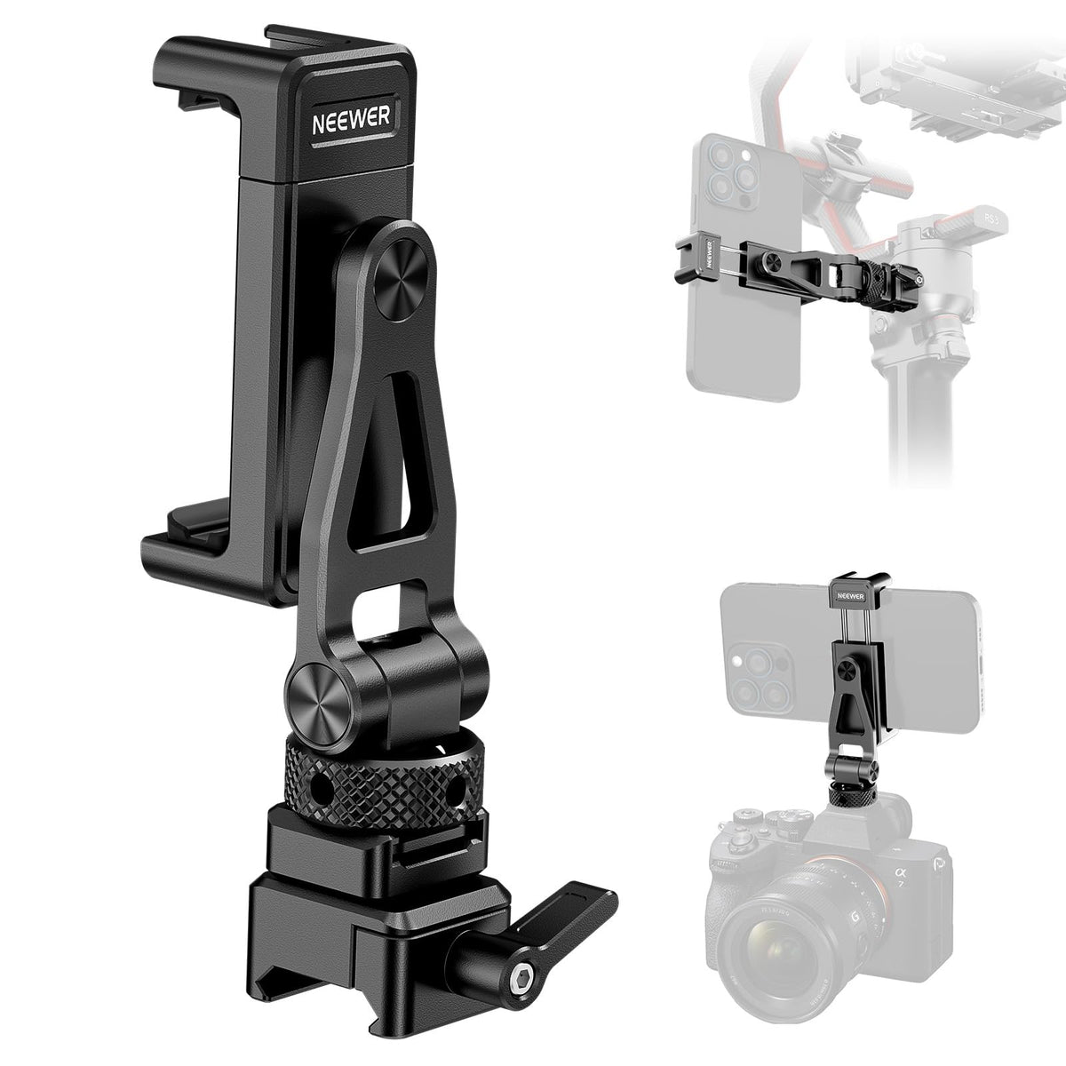 NEEWER Metal Phone Tripod Mount with Cold Shoe NATO Clamp Compatible with DJI RS5 RS4 RS3 Pro RS2 RSC2 Gimbal Stabilizer, 180° Tilt Phone Clip Holder