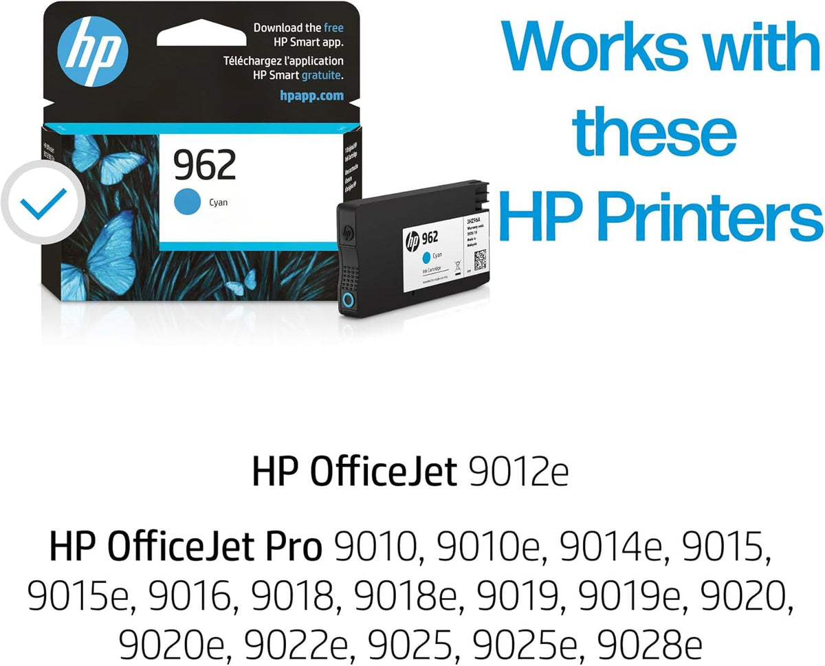 HP 962 Cyan Ink Cartridge | Works with HP OfficeJet 9010 Series, HP OfficeJet Pro 9010, 9020 Series | Eligible for Instant Ink | 3HZ96AN