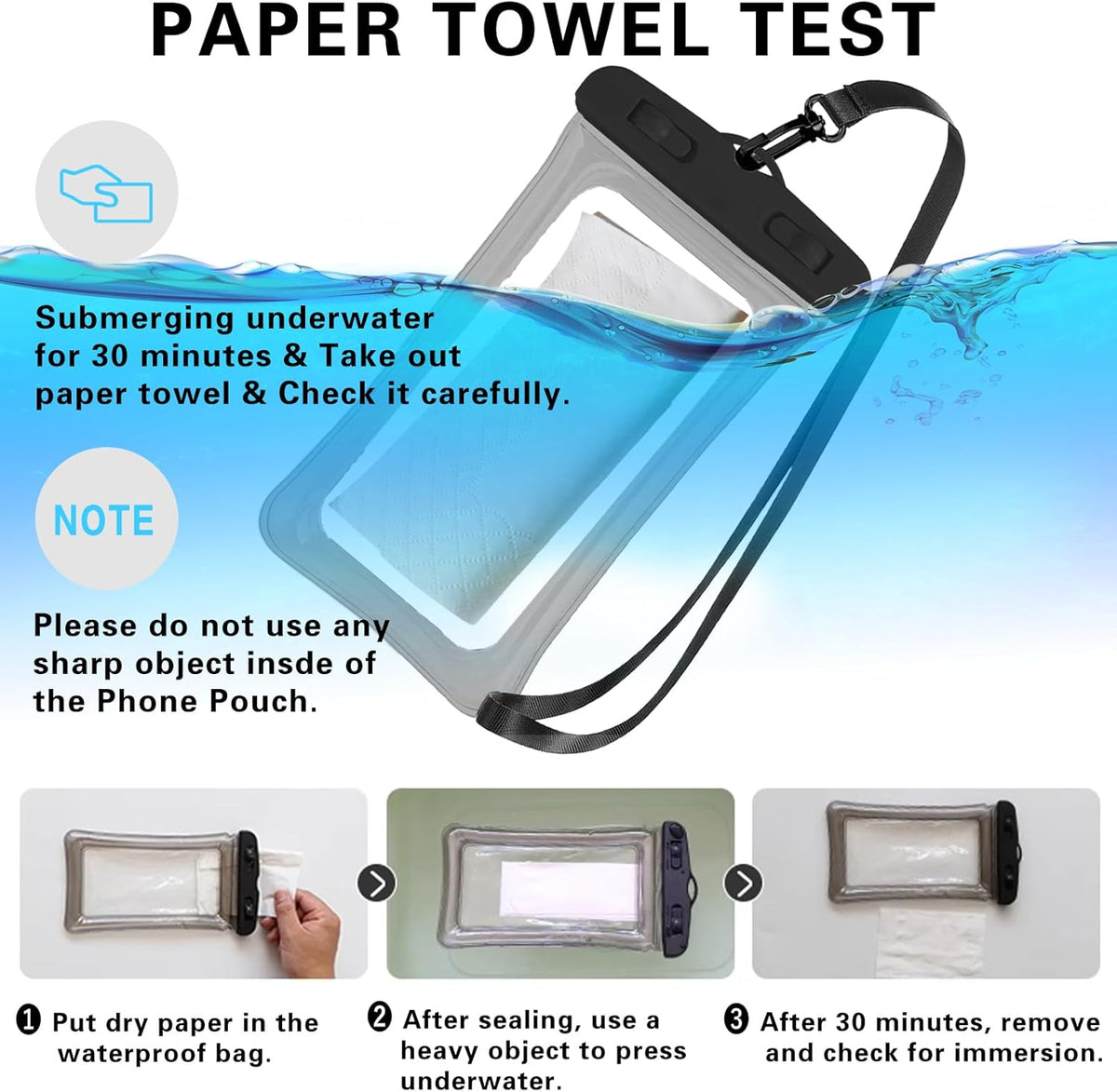 2 Pcs Waterproof Phone Pouch, Universal IPX8 Floating Waterproof Cell Phone Case Dry Bag, Compatible with Most Cell Phone on Market, Waterproof Phone Protector for Beach Swimming (Black + White)