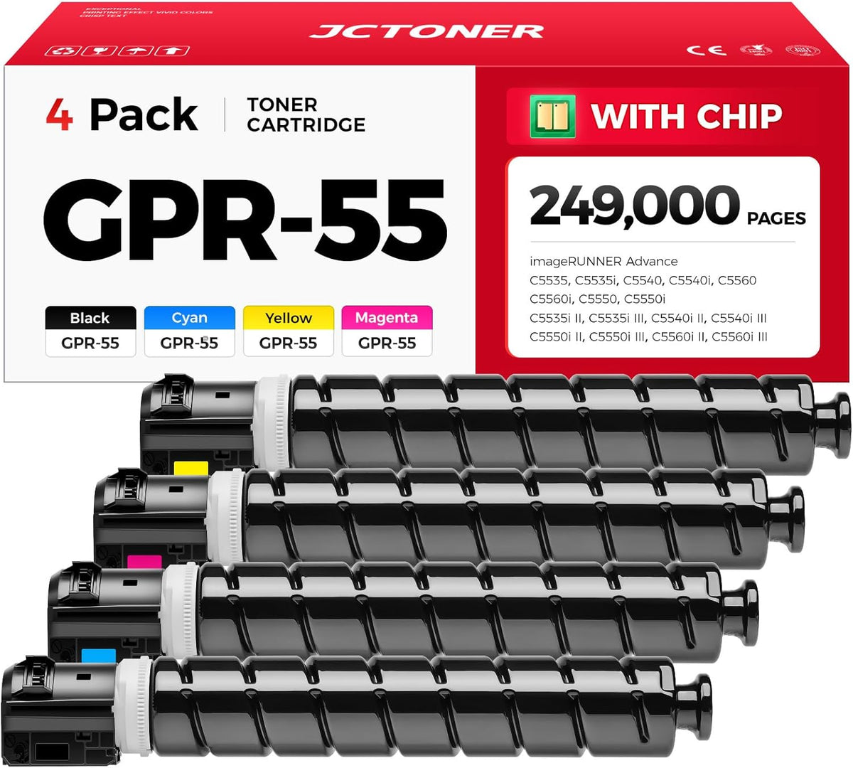 GPR55 GPR-55 High Yield Toner Cartridges Set 4-Pack Replacement for Canon GPR55 GPR-55 Toner Compatible for Canon imagerunner Advance C5535i C5540i C5550i C5560i Printers Ink Black Cyan Magenta Yellow