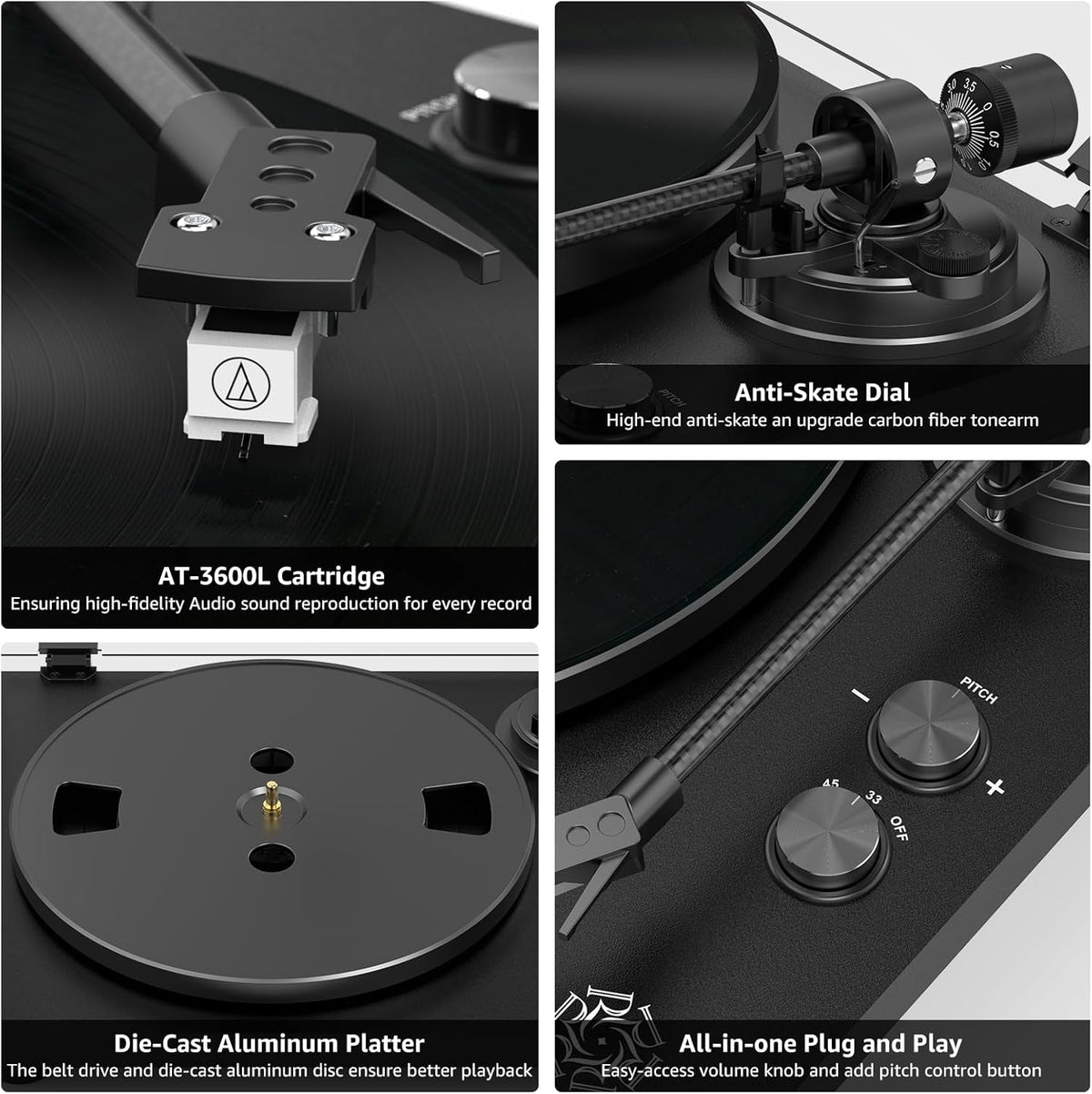 Record Player Wireless Output Turntable Carbon Fiber Tonearm Vinyl Player Aluminium Platter Belt-Drive LP Turn Tables 2 Speed RPM Phono RCA Line Output AT-3600L MM Cartridge Audio Sound Pure Black