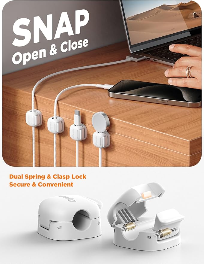 12Pack Cord Organizer, Chfeila Compact Dual Spring & Clasp Lock Cable Management Clips, Adhesive Phone Charger Keeper, Wire Holder for Nightstand/Car, Home Office Desk Accessories Decor Essentials