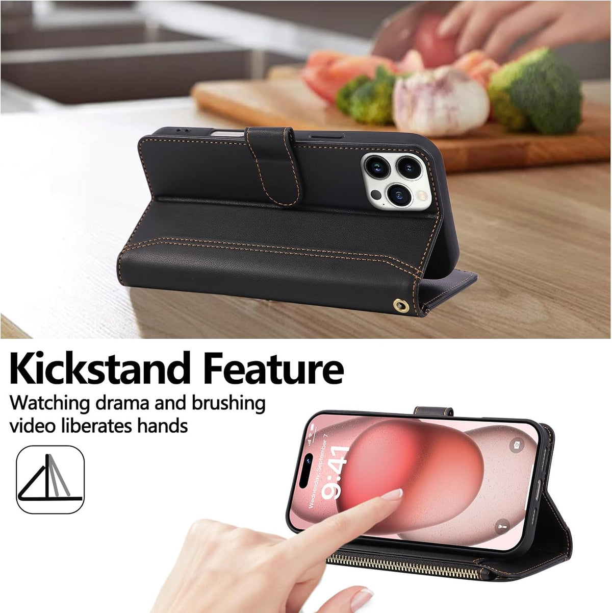 Compatible with iPhone 12 Pro Max Wallet Phone Case-PU Leather Magnetic Flip Cover with Credit Card Slots,Zipper Pocket & Detachable Wrist Strap,Shockproof Design,for Women and Men-Black