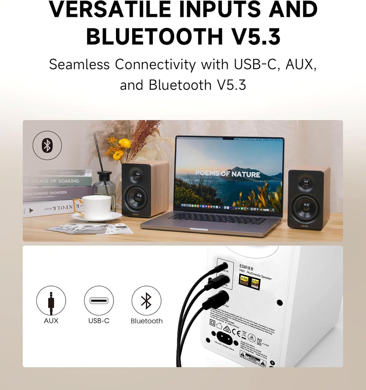 Edifier M60 Multimedia Speaker Bluetooth 5.3, 66W RMS, Hi-Res Audio & Hi-Res Wireless Audio, LDAC,3" Mid Bass & 1" Tweeter, USB-C & Aux Inputs, Compact Desktop Speaker – Classic Oak