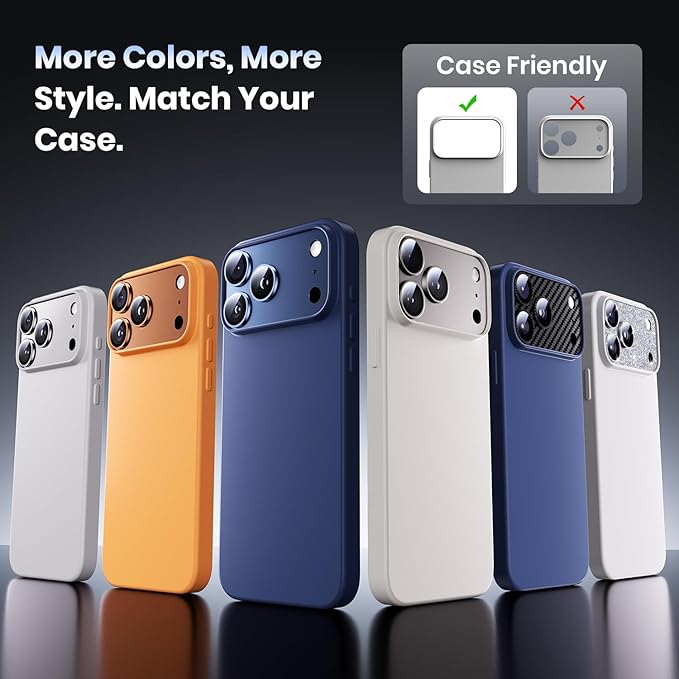Hoerrye for iPhone 17 Pro Max Camera Lens Protector - [12FT Shatterproof Military Grade] [Strong Adsorption] Metal 9H+ Tempered Glass Camera Screen Full Protective Cover Case Friendly,Silver
