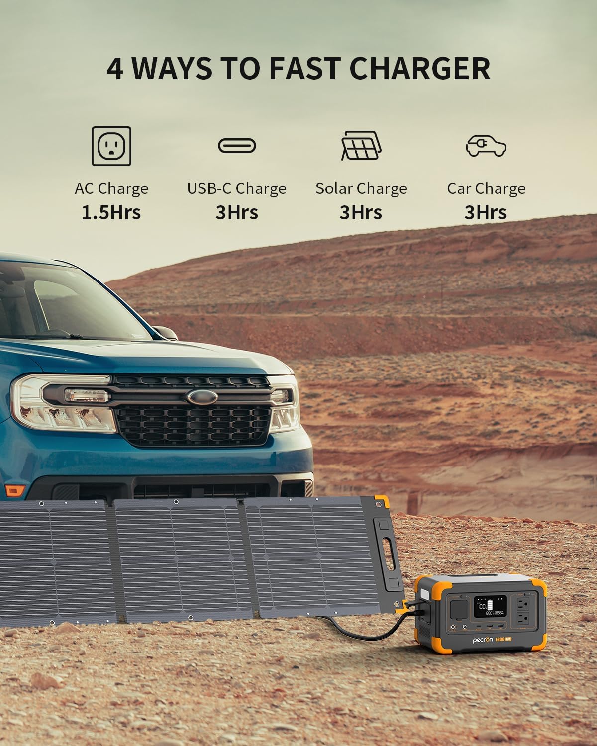 PECRON E300LFP 288Wh Solar Generator with 100W Solar Panel, 600W Portable Power Station LiFePO4 Battery, Fast Charge Battery for Home, Outdoor, Off-Grid Living, RV, Emergency