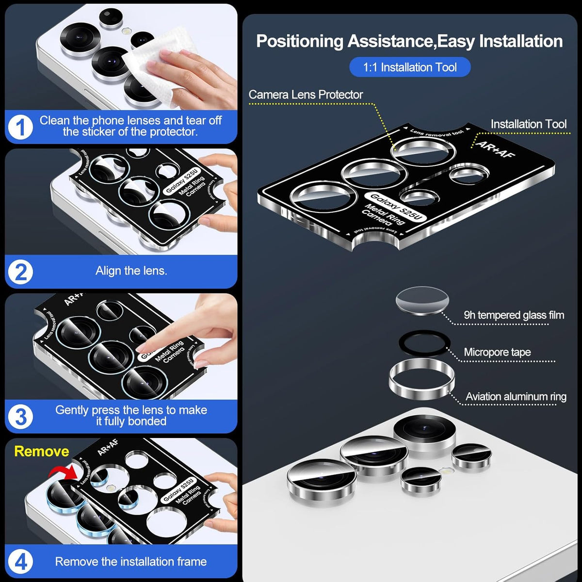 for Samsung Galaxy S25 Ultra Camera Lens Protector, Individual Metal Ring Tempered Glass Lens Cover, [Strong Adsorption] Scratch Resistant Ultra-Thin HD Clear Lens Cover, 1 Set-Slivery Ring
