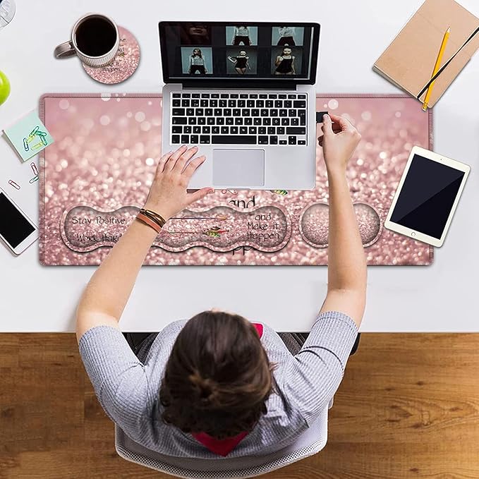 Large Gaming Mouse PadExtended Office Desk MatWaterproof Desk Writing Pad for Home Ergonomic Mouse &ampKeyboard Wrist RestWork Hard Inspirational Quotes Laptop Desk Pad Pink Mousepad Wrist Support