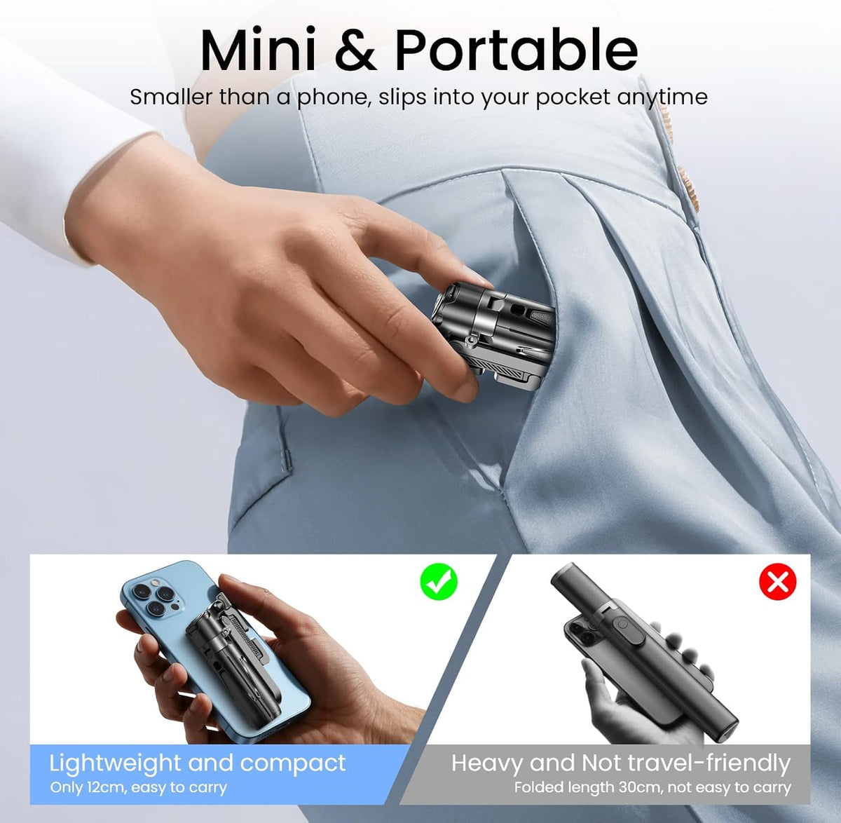 Mini Selfie Stick for iPhone with Remote, 3-in-1 Portable Selfie Tripod with 2 Cold Shoe Mounts, Pocket Size Phone Tripod for Android, Vlog, Video, Livestreaming, Photography (Black) T26