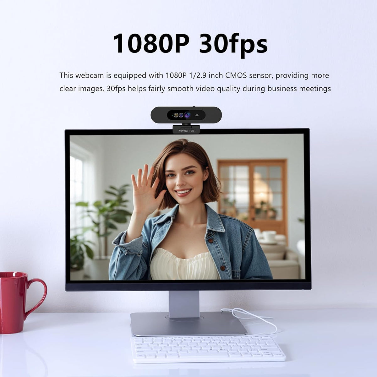 Window Hello Webcam, 1080P 30fps Camera with Noise-reducing Mic, Plug & Play, 90° Wide Angle, Built-in Privacy Cover, 360° Rotation Pan & 90° Tilt, Perfect for Zoom, Google Meet, Microsoft Teams