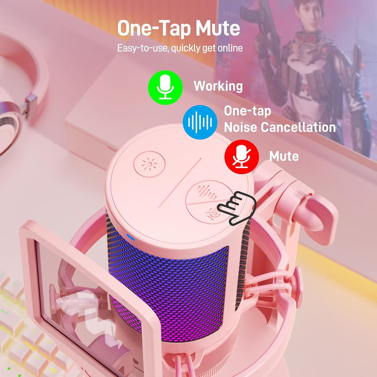 MAONO Gaming Microphone with Noise Cancellation, USB Condenser Mic for Streaming, Podcast, Twitch, YouTube, Discord, PC Desktop Computer Mic for PS5, GamerWave DGM20 Pink